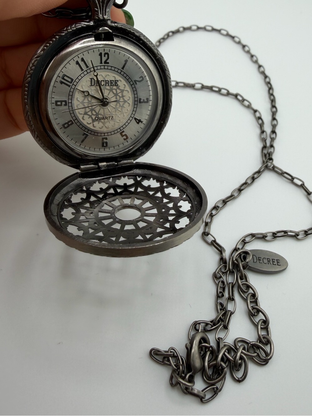 Decree vintage Gunmetal Open-Face Pocket Watch Necklace watch